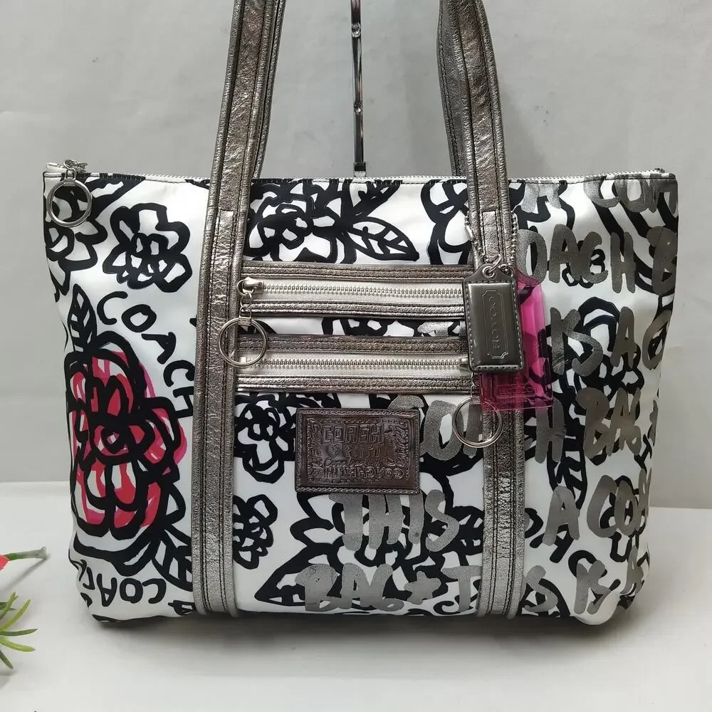 Coach Poppy Multicolor Satin Leather Trim Zipper Pocket Tote Shoulder Bag